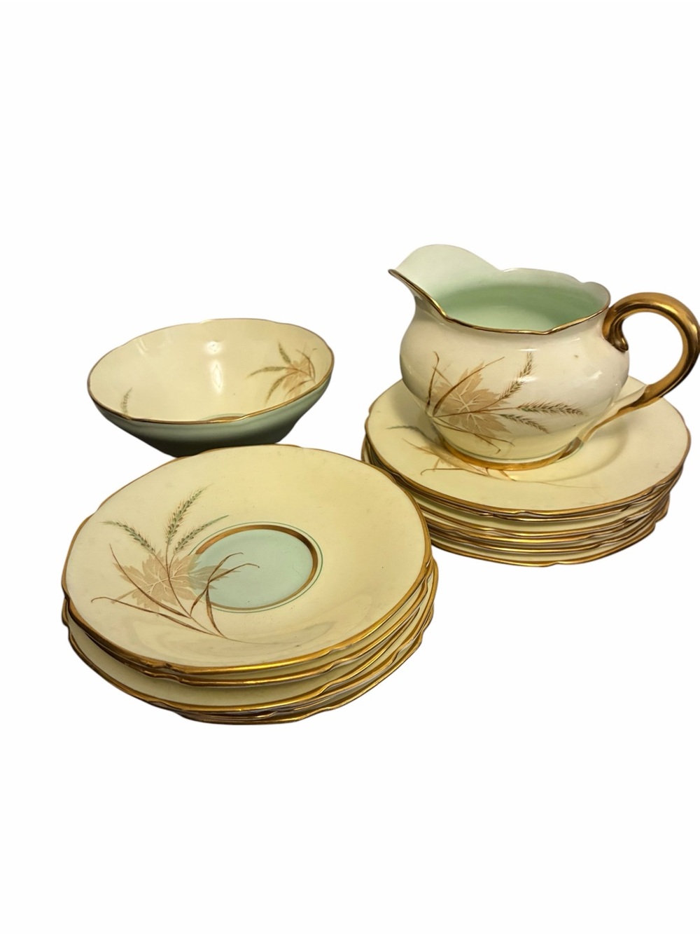 Paragon Harvest Wheat Bone China Creamer Sugar Bowl and 12 Saucers England Gold
